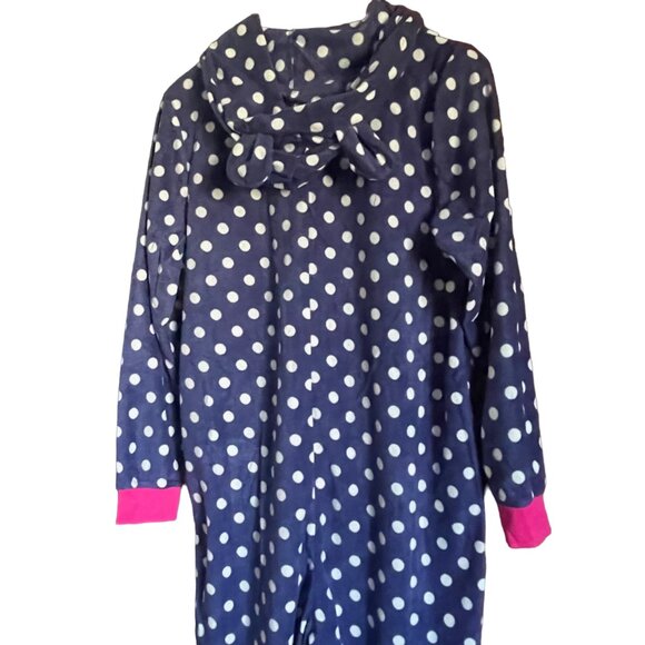 Women’s Navy Polka Dot Hooded One-PC Cozy Fleece Pajamas – Lounge-Ready S/M - Picture 7 of 8